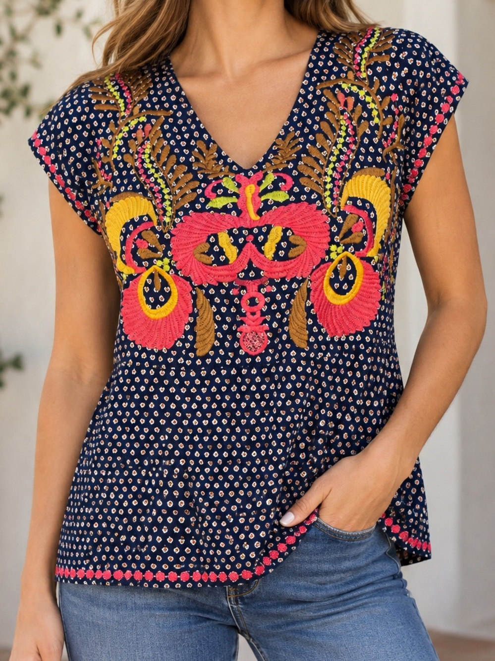 THML Embroidered Boho Top Navy Cap Sleeve Coral Yellow Women Medium M